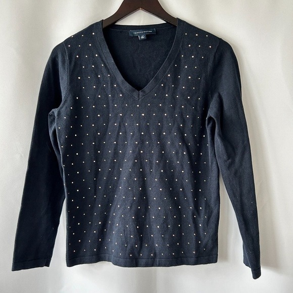 Tommy Hilfiger Women's Navy Blue Gold Studded Knit V-Neck Sweater Size Small - Picture 1 of 8